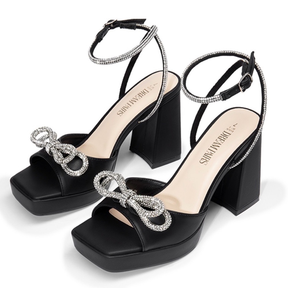 Dream Pairs Black Platform Sandals with Crystal Bow Accent